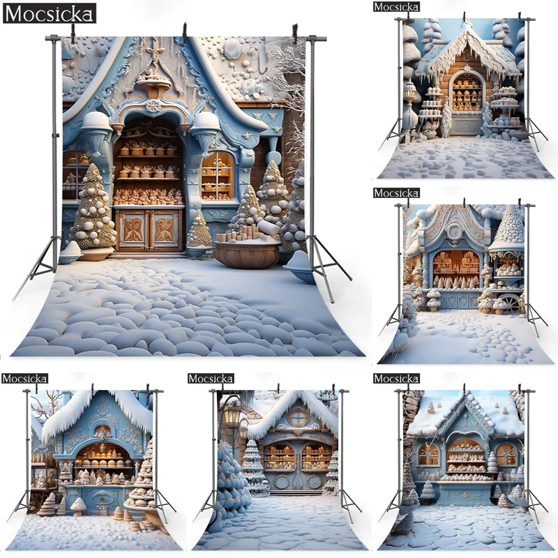 

5x7ft Christmas Blue Cabin Photography Backgrounds Snow Gingerbread House Backdrops Kids Portrait Photo Studio Props Baby Shower