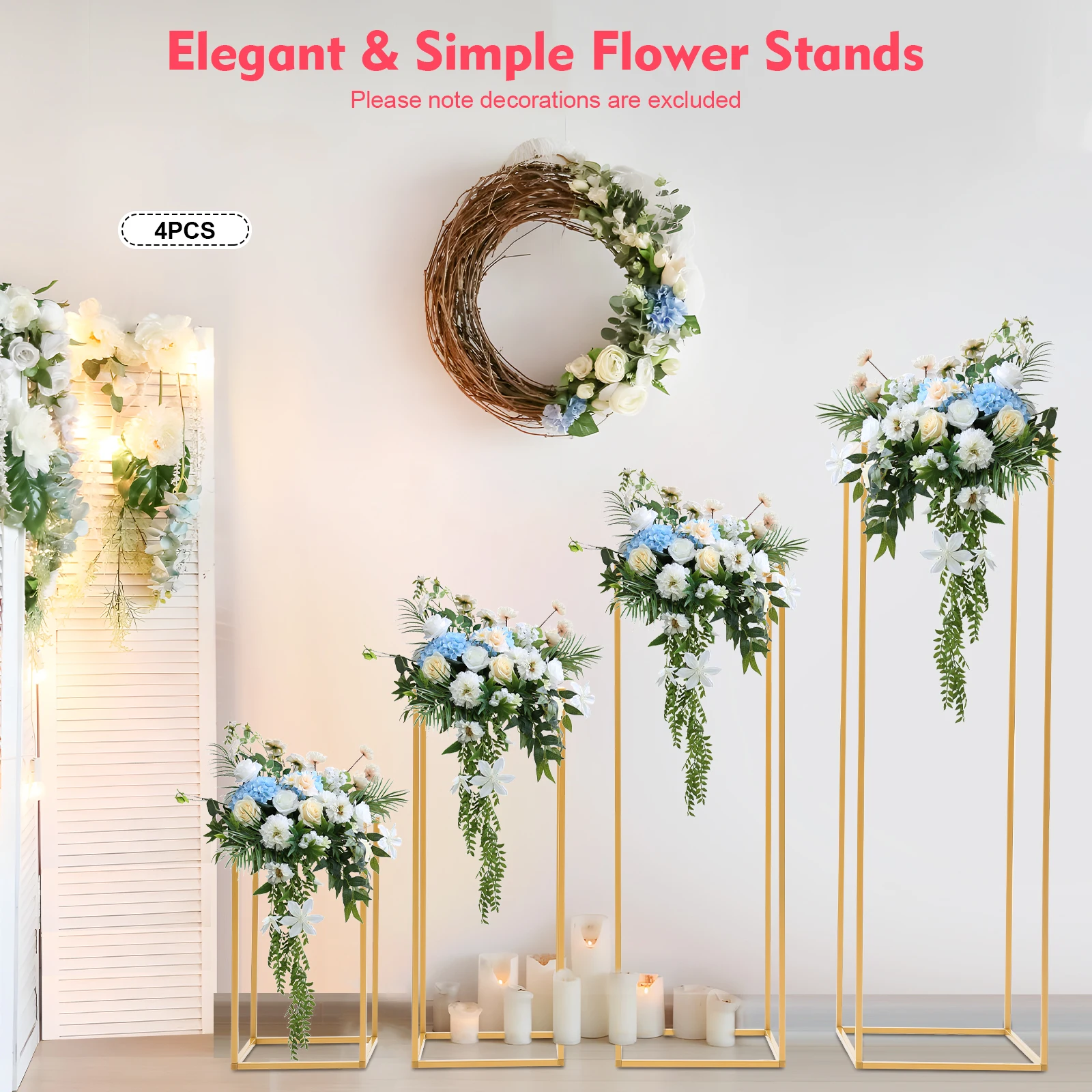 4Pcs Metal Geometric Column Flower Rack 15.74/23.62/31.49/39.37inch Tall Gold Wedding Flower Stand for Wedding Party Decor