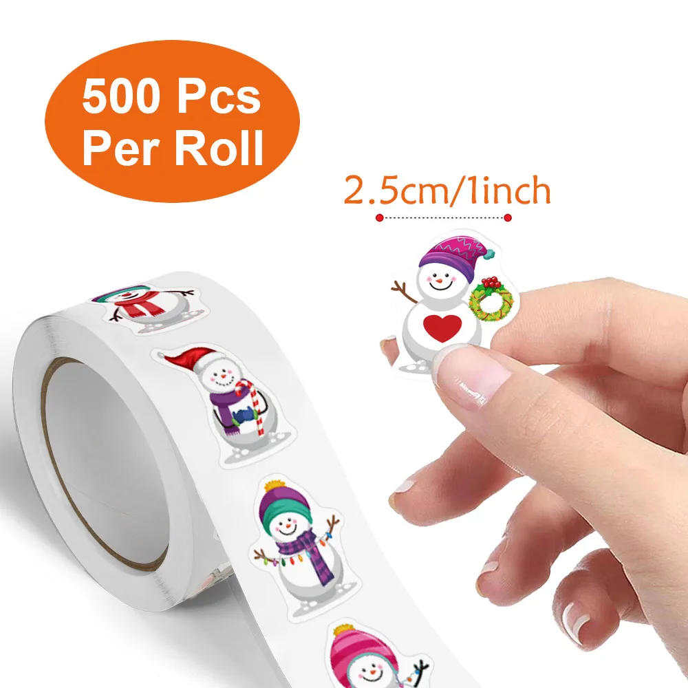 500Pcs/Roll Heterotypic Christmas Themed Snowmans Stickers 8 Designs 2.5cm/1.0'' DlY Graffiti Holiday Party Decoration Labels