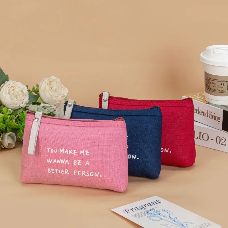 Women Girls Travel Canvas Cosmetic Bag Letters Print  Skincare Storage Makeup Cosmetic Bag for Daily Use Student Pencil Case