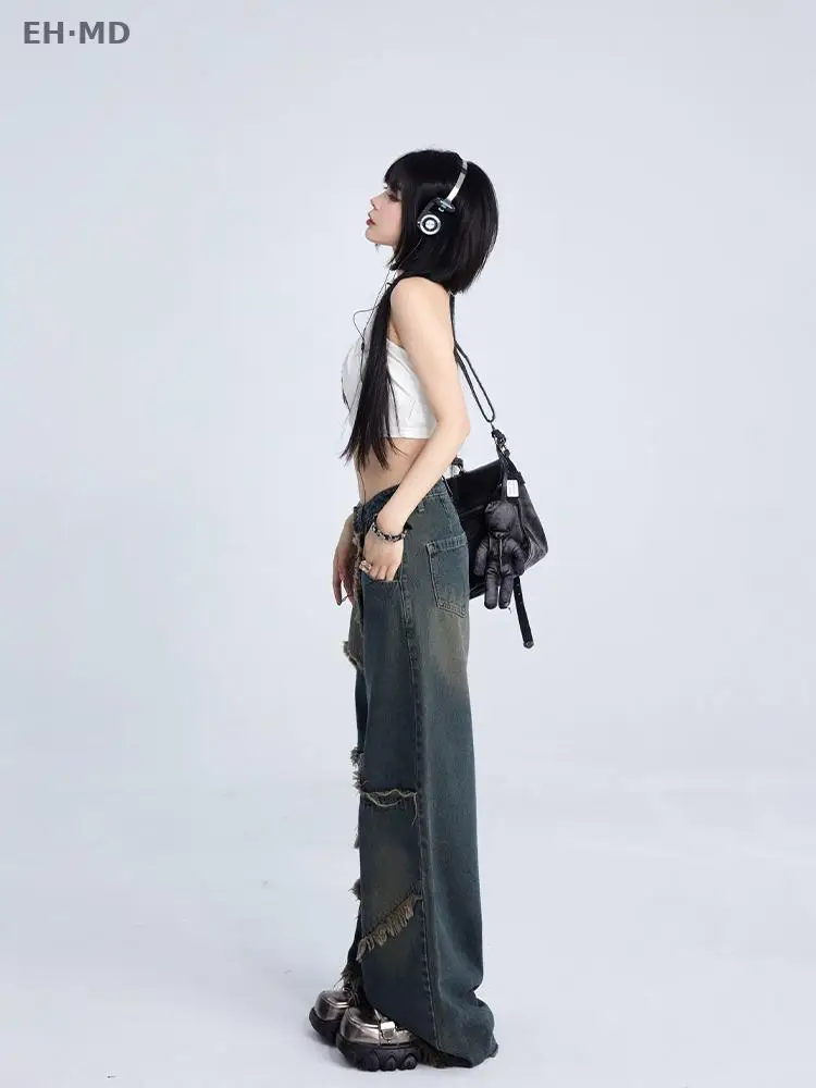 Women Jeans Casual Fashion Patchwork Contrast Color Aesthetic Denim Pants For Ladies High Waisted Wide Leg Raw Edge Embroidered