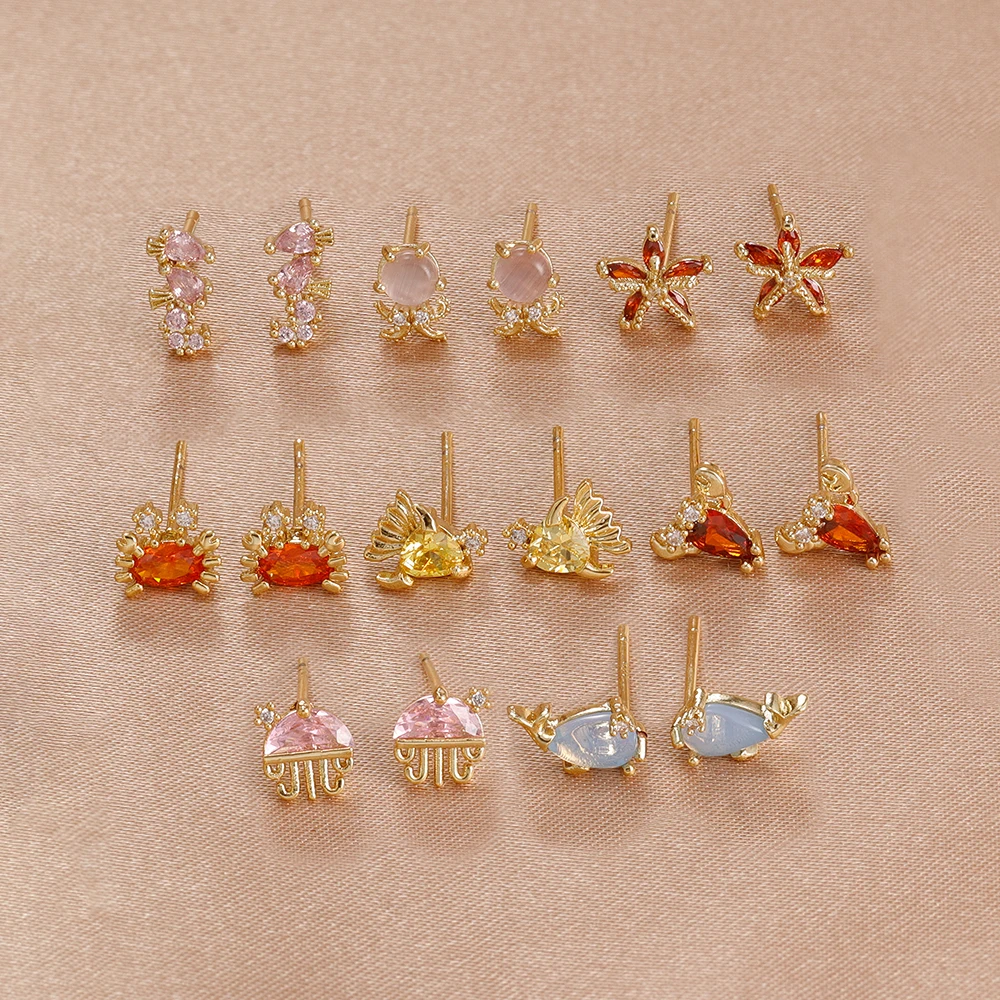 2PCS Mini Ocean Series Animal Small Stud Earrings For Women Multicolor Zircon Marine Lobster Crab Ear Studs Piercing Jewelry