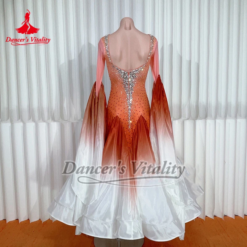Gradiëntkleuren Ballroom Dans Parel Zijde Aangepaste Grote Schommel Jurken Volwassen Vrouwen Tango Foxtrot Professionele Competitie Kleden