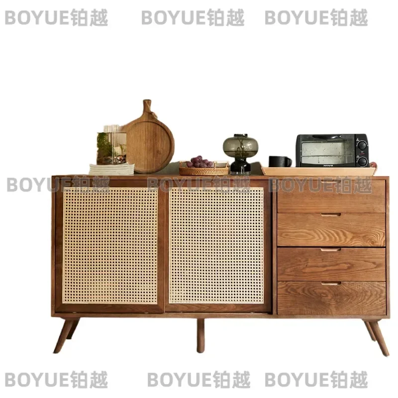 for Japanese Style Solid Wood Rattan Dining Side Cabinet Wabi Sabi Household Locker Furniture Medieval Storage Chest Log Wind