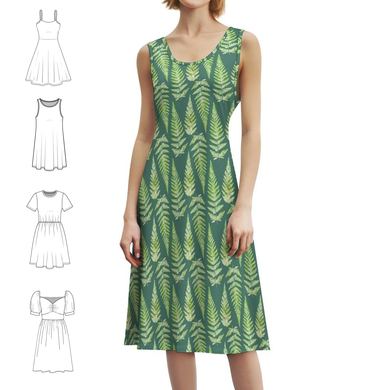 

Green Fern Leaf Prints Vintage Bohemian Dress Puff Sleeve Or Sleeveless Options For Women Dress Printing Ferns Fern Botanica
