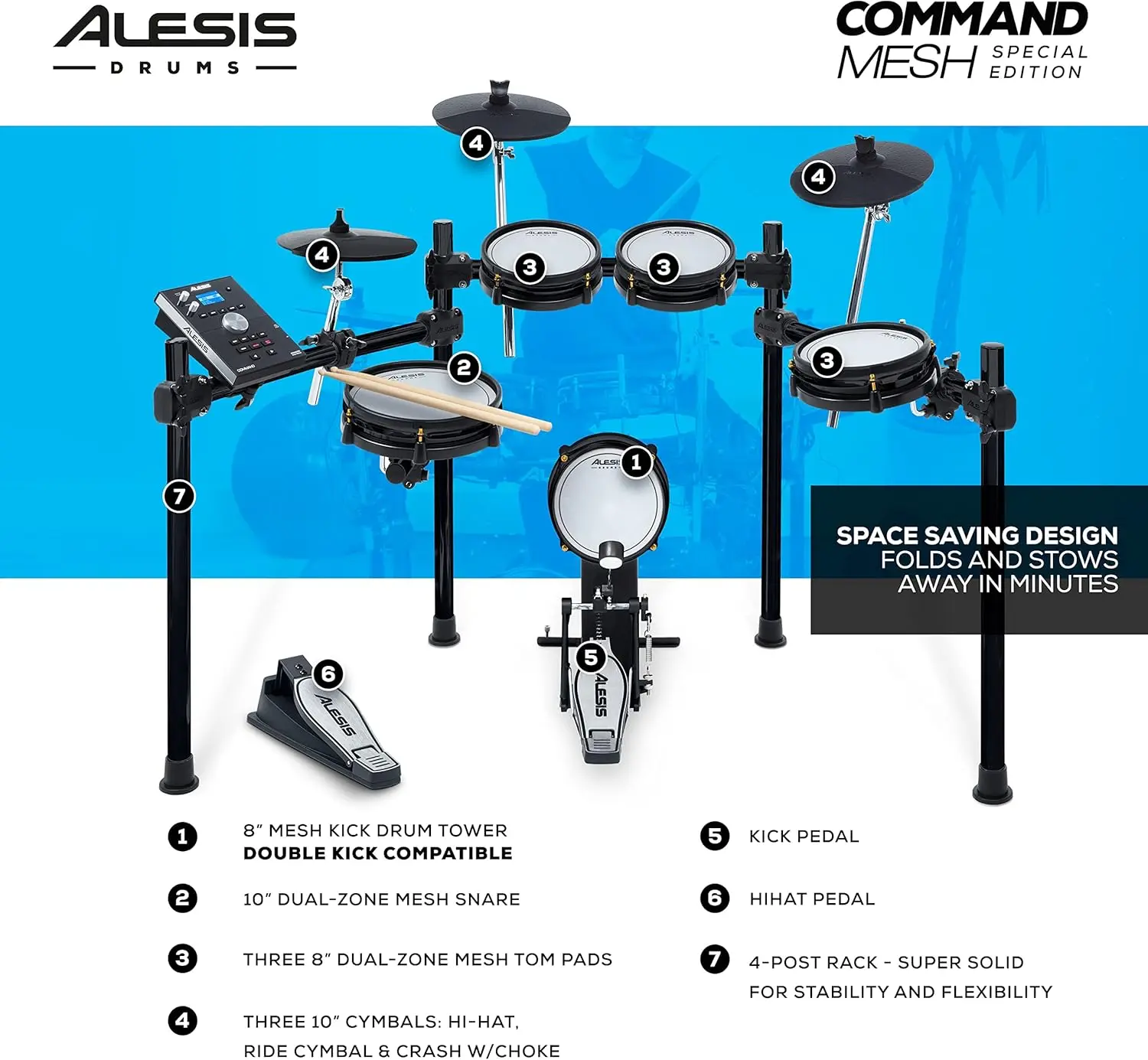 Command Mesh SE Kit - Electric Drum Set with Quiet Dual Zone Mesh Pads, USB MIDI Connectivity and 600+ Electronic &