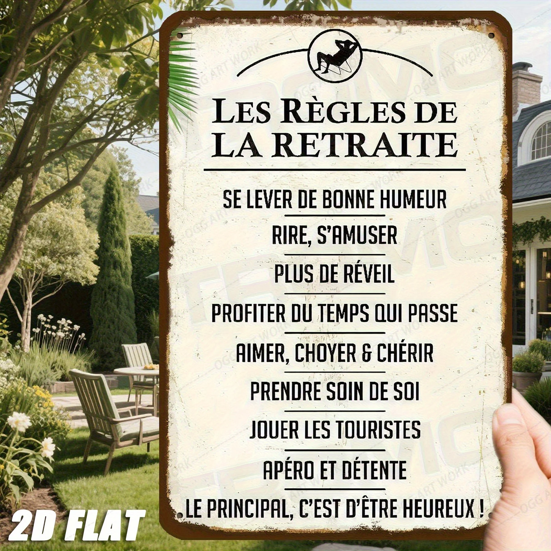 2D Flat, Canada Maple Leaf Vintage Retro Wall Decor for Man Cave - Humorous French Retirement Life Rules Metal Sign
