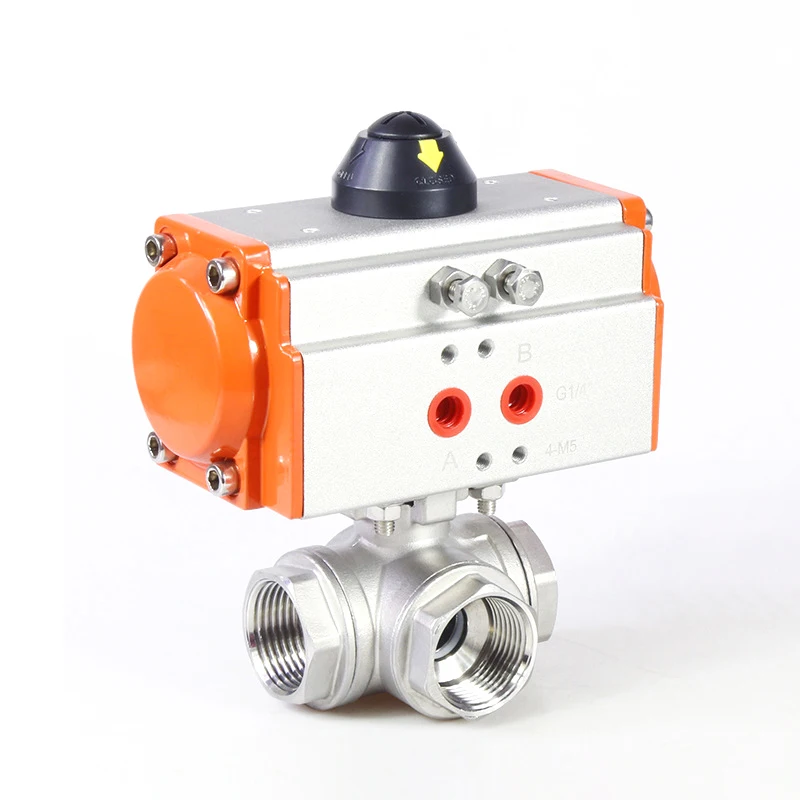 DN15 304 Stainless steel 3 Way Hot Water Steam Double Acting Pneumatic Actuator 2 PC Ball Valve