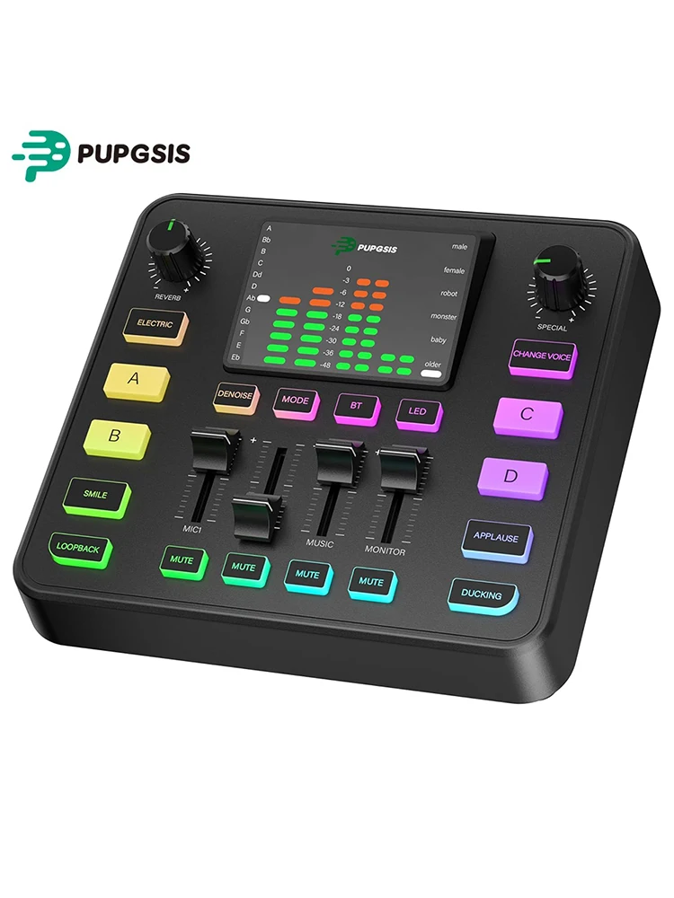 PUPGSIS Audio-Mixer für Streaming – 1/4-Zoll-TRS-Dynamikmikrofon-Schnittstelle, Audio-Interface mit Reverb, 4 benutzerdefinierte Soundeffekte, Sprachwechsler, Geräuschunterdrückung, RGB, nur