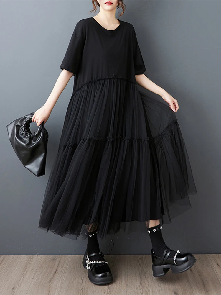 Nyfs 2025 verão solto plus size estilo coreano moda sólida vestido longo robe mangas curtas retalhos mesy vestido feminino