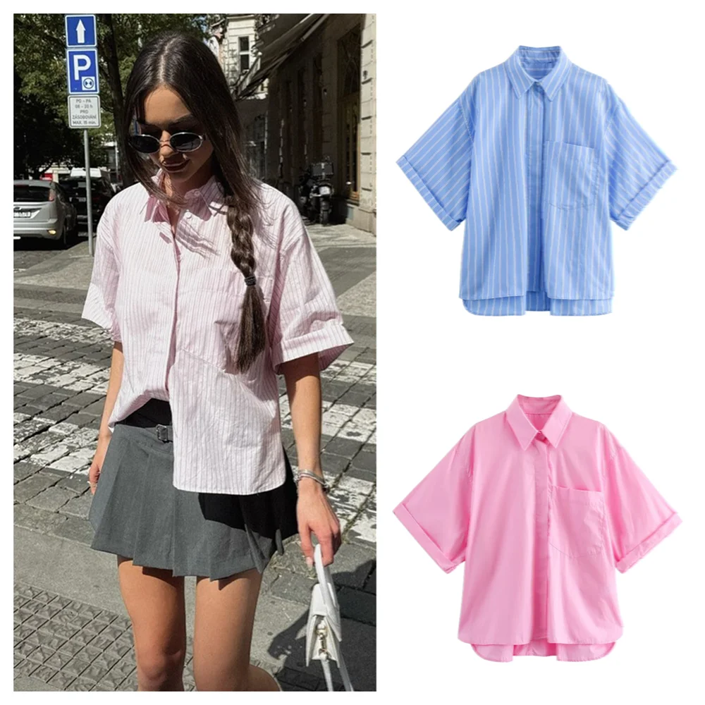 PB&ZA2024 Spring New Women\'s Fashion Style Casual Loose Versatile Pocket Decoration Short Poplin Shirt Top