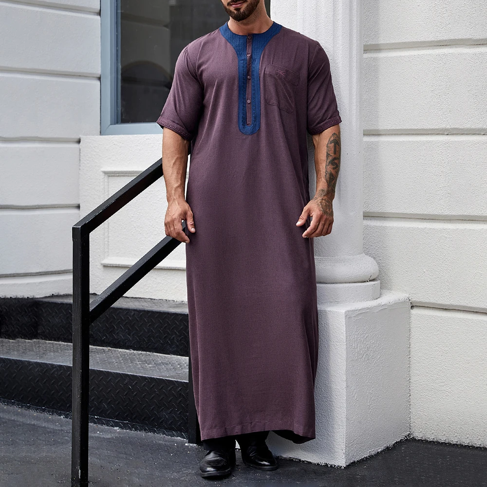 

Genderless Short-Sleeve Buttoned Muslim Robe Casual Simple Loose Round Neck Arabic Islamic Middle Eastern Ethnic Style Robe