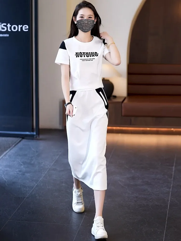 

Slimming Splice Summer Sportswear Set Women's Short Sleeve T-shirt Split Skirt Two-piece Cotton round Neck Casual Outfit