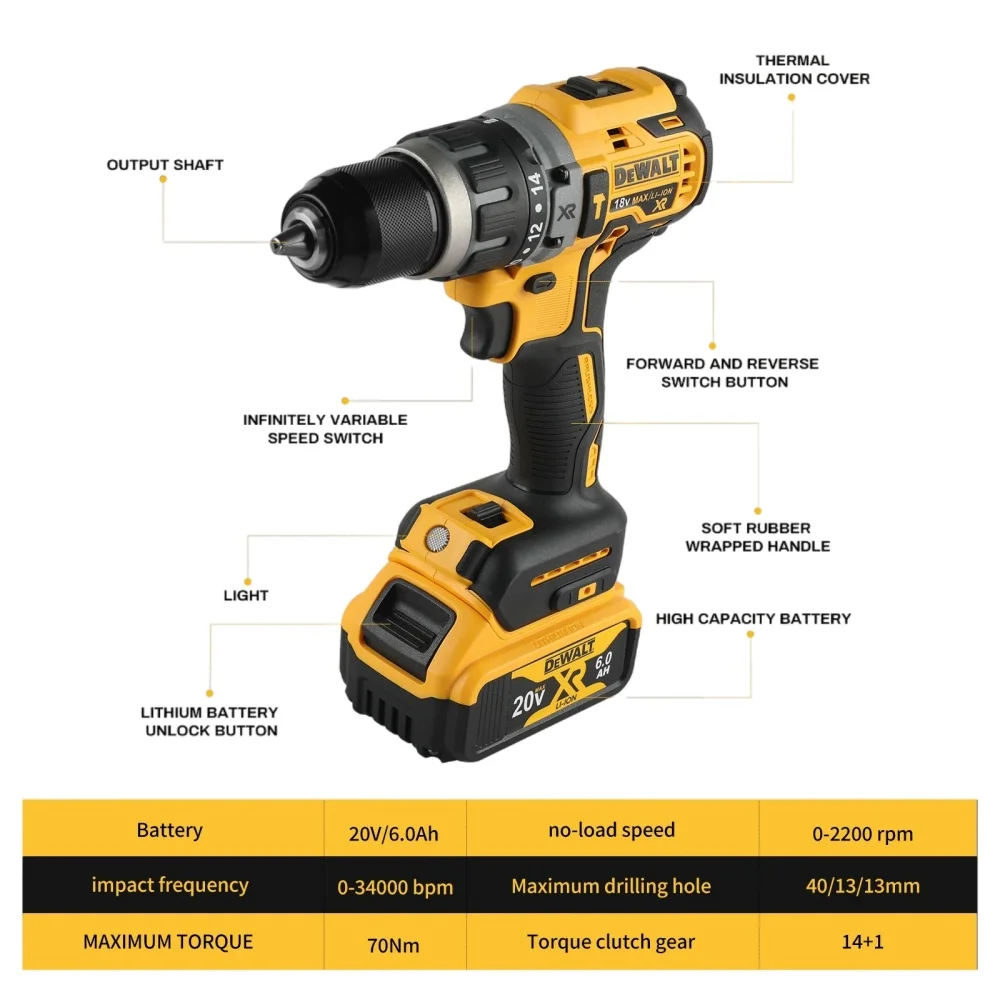 DEWALT DCD796 Taladro de impacto inalámbrico sin escobillas 20V MAX Herramientas eléctricas portátiles recargables multifuncionales con batería de 20V