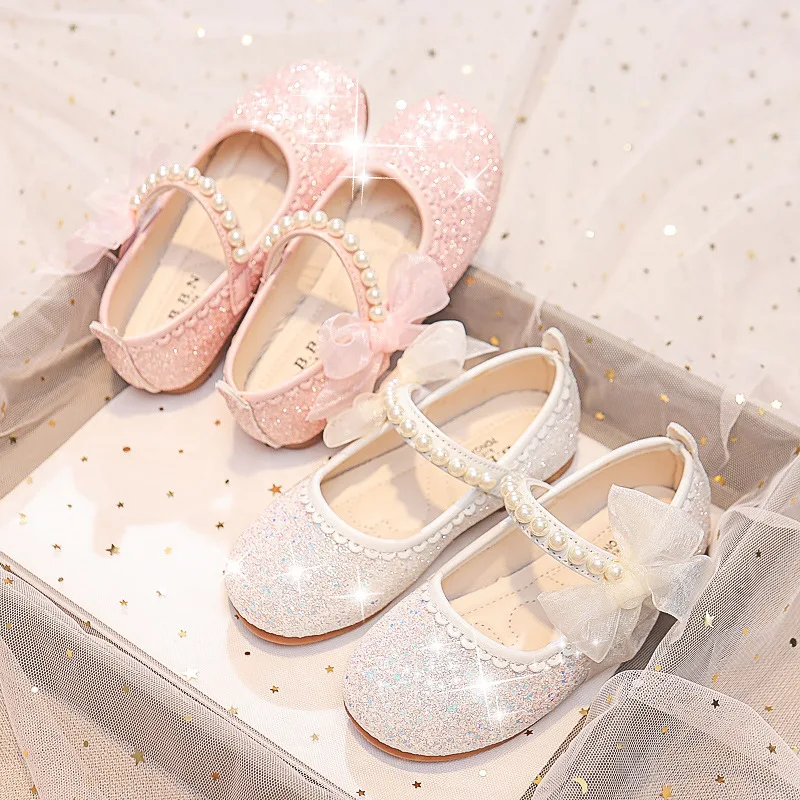 Girls Oxfords Bling Shoes Spring Autumn Kids School Dancing Shoes Pearl Beadings Big Girls Soft PU Leather Shoes Pink, Beige