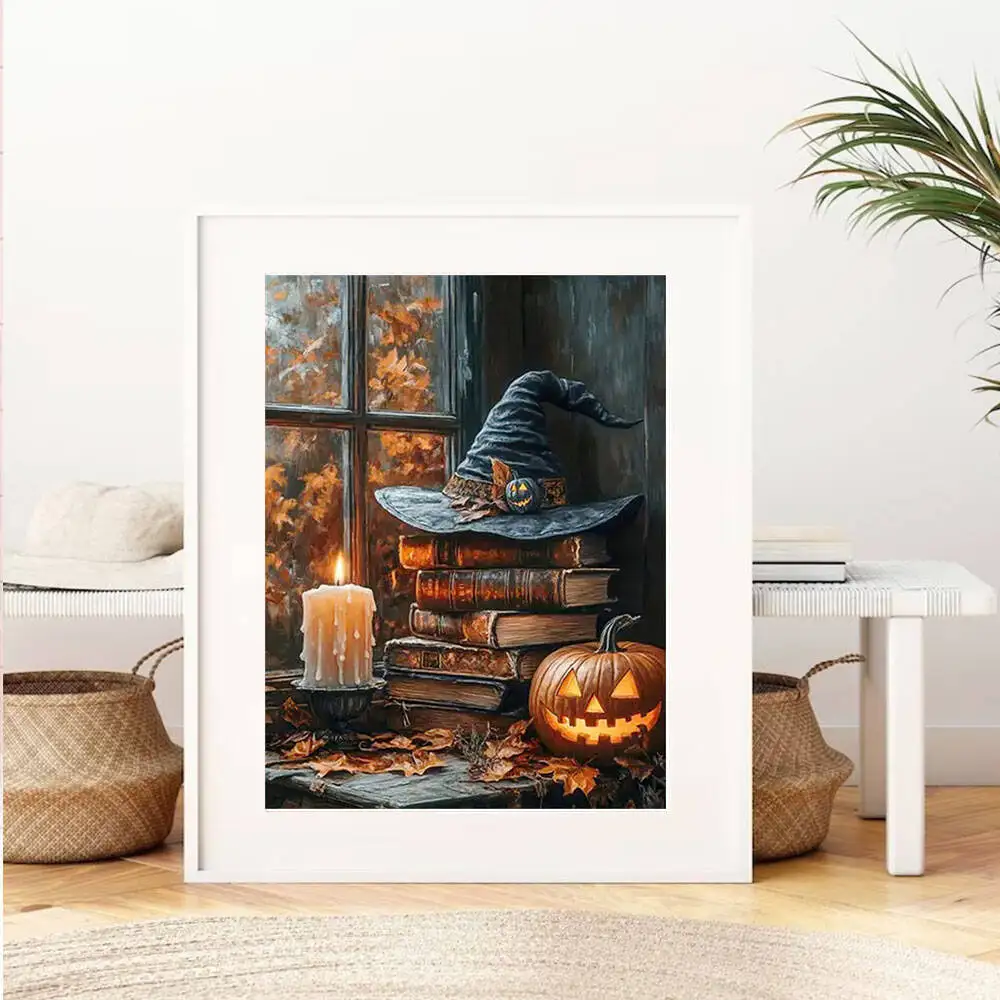 Huacan DIY Halloween Window Scenery Diamond Painting Pumpkin Candle Book 5D Diamond Mosaic Full Set Home Decor view 3