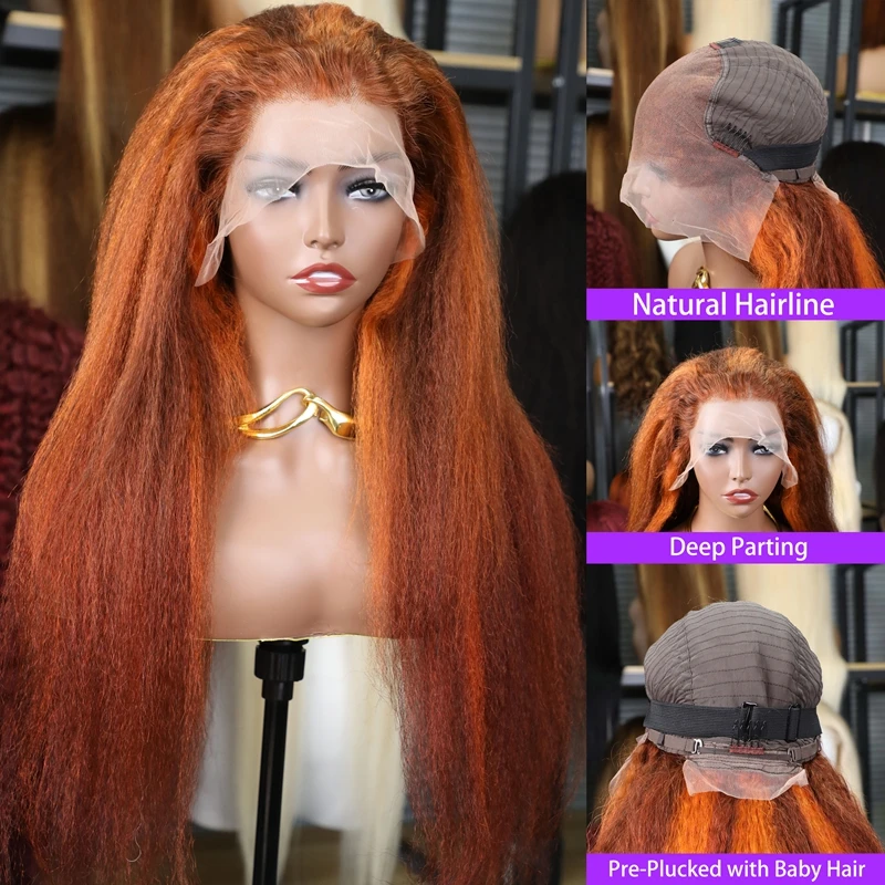 تسليط الضوء على اللون البني والزنجبيل البرتقالي 200% الكثافة غريب مستقيم 13x6 الدانتيل الشفاف خصلات الشعر المستعار الإنسان قبل قطعها عذراء الشعر