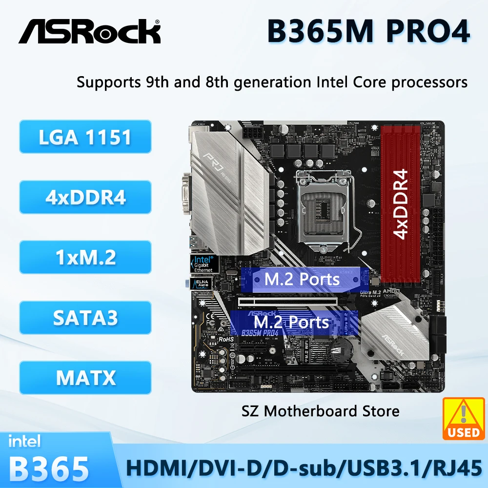 

ASROCK B365M Pro4 B365 LGA 1151, поддержка материнской платы i9-9900K/9900 i7-9700K i5-8500/9400F i3-9100 Процессор DDR4 SATA3 M.2 Micro ATX