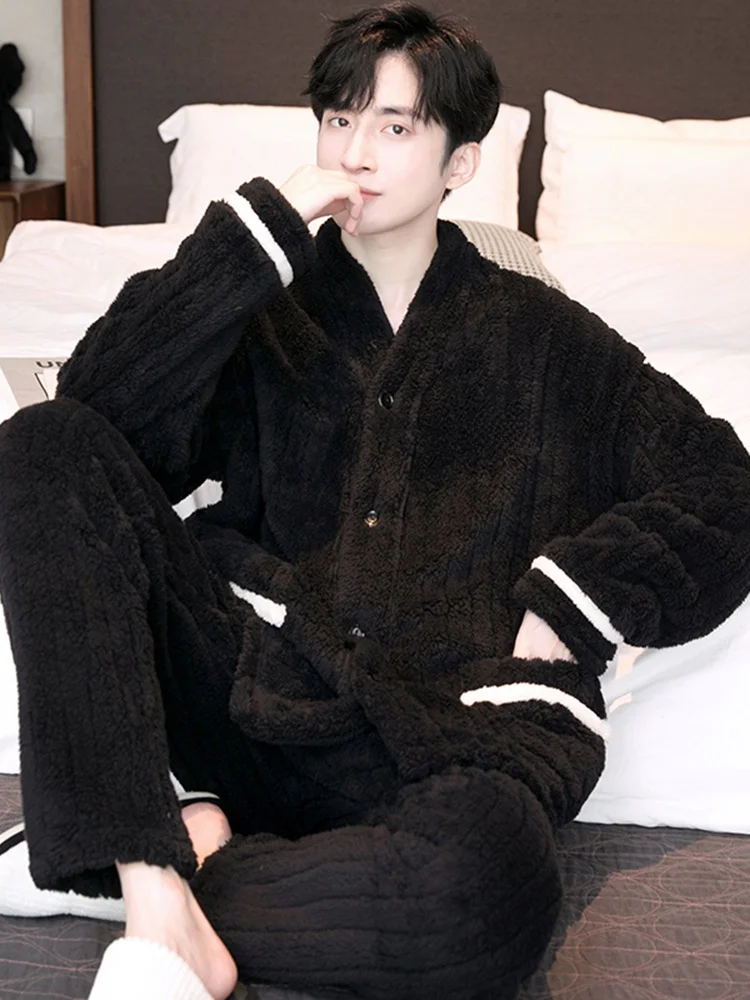 Thick Coral Fleece Pajamas Men's Autumn Winter Long Plush Casual Large Size Outdoor Wearable Flannel Home Clothes Set