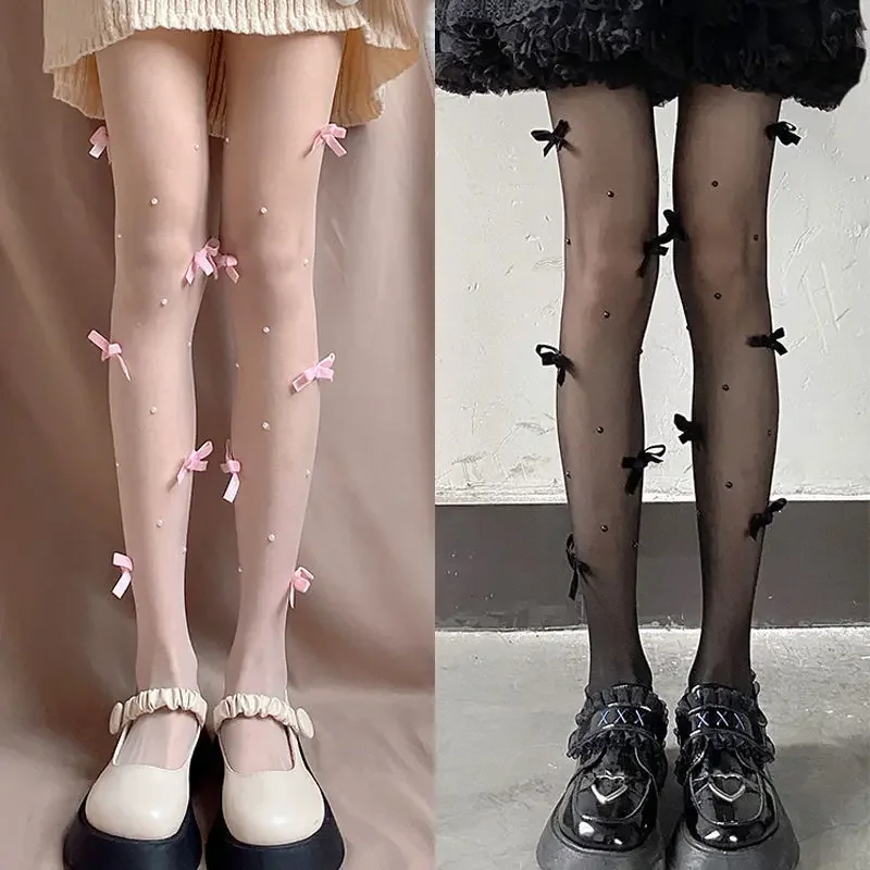 

Lolita Pink Velvet Bow Embroidery Pearl Tights Pantyhose Fashion Women Tights JK Lolita Styles Sweet Girls Kawaii Cute Stocking