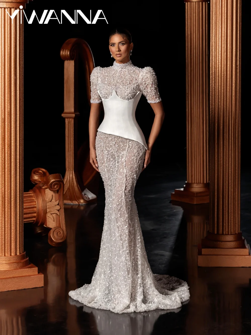 

Dazzling Embroidery Pearls Wedding Dress With Structured Corset High Collar Puff Sleeve Bridal Gown Customized Dresses For Bride