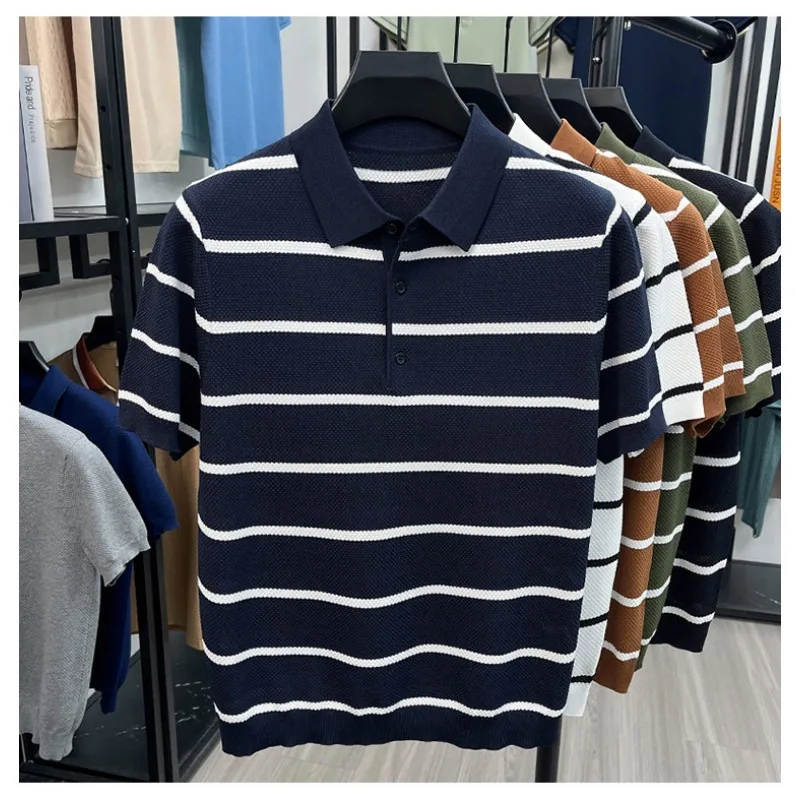 Striped Ice Silk Men Polo Shirts Short Sleeve Tshirt Premium Casual Top Summer Lightweight Vintage Old Money