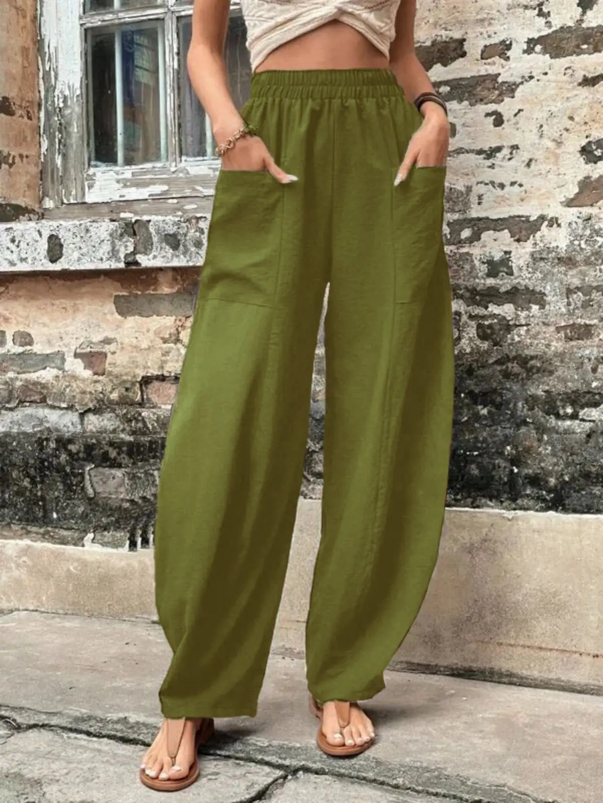 2024wish independent station Amazon pantaloni da donna transfrontalieri pantaloni casual da donna con tasca in tinta unita pantaloni elastici tro