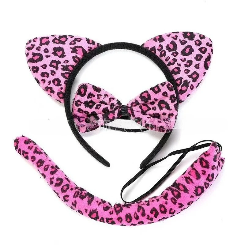 Animal Costume Headband Set 3Pcs Tiger Leopard Zebra Cow Cat Ears Headwear Bow Tie Tail Kit Halloween Cosplay Party Fancy Dress