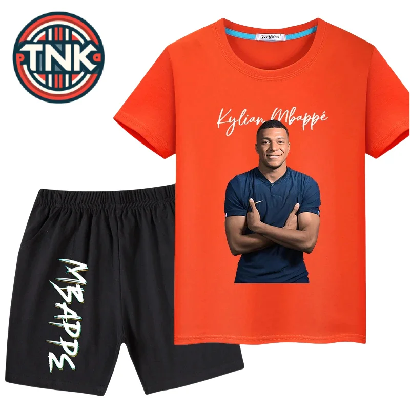 Mbappe Conjunto de camiseta deportiva con estampado de avatar para niños, pantalones cortos informales de manga corta, conjunto de 2 piezas, Verano