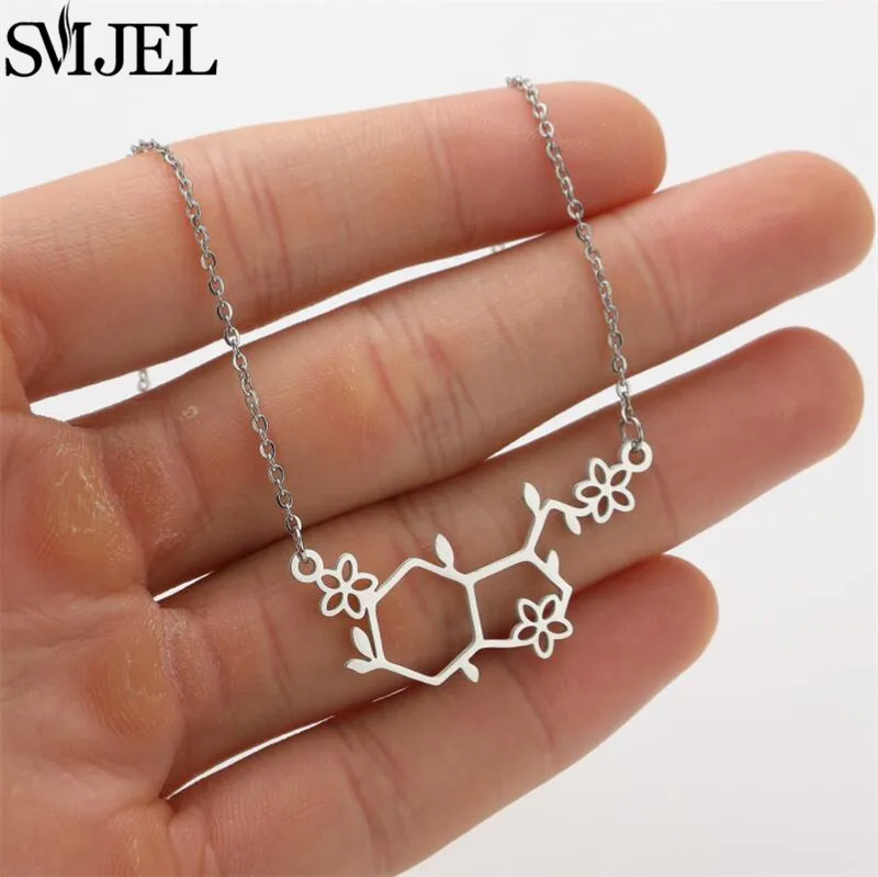 SMJEL Dopamine Molecule Necklaces Flower Chemical Formula Necklace Women Serotonin Structure Formula Pendant Graduation Gift