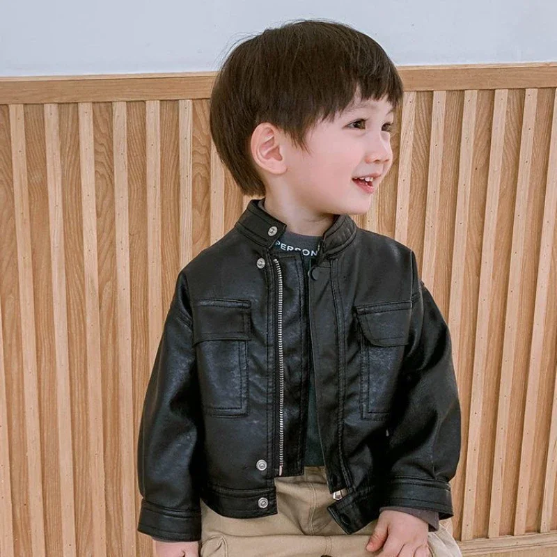 New 2024 Boys\' PU Leather Toddler Jacket Baby Boy Spring Autumn Infant Kids Girls Motorcycle Coat Korean Style Black Outerwear