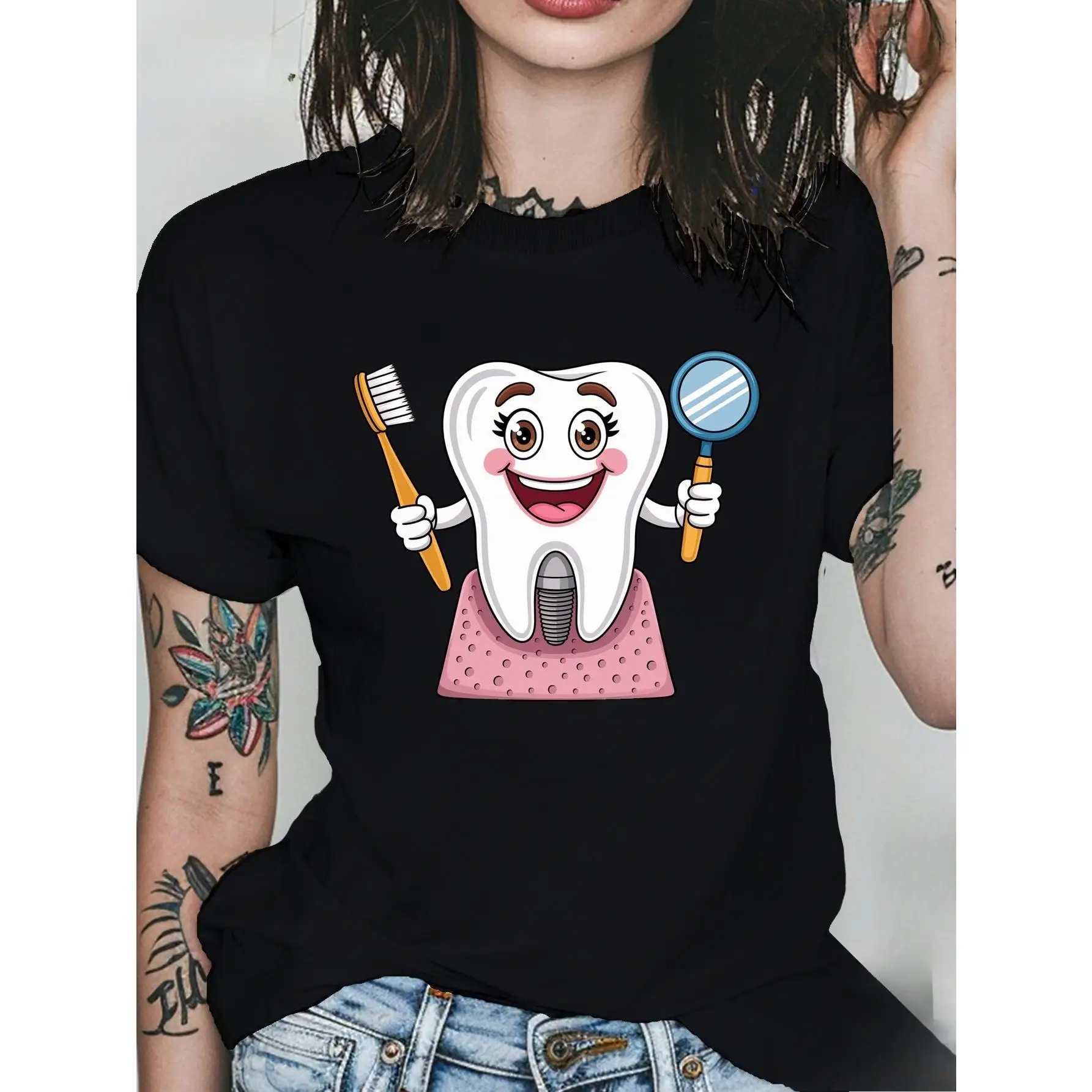 

Cute Tooth Graphic T-Shirt, Funny Dentist Gift for Hygienist, Dental Assistant Crewneck Tee for Women