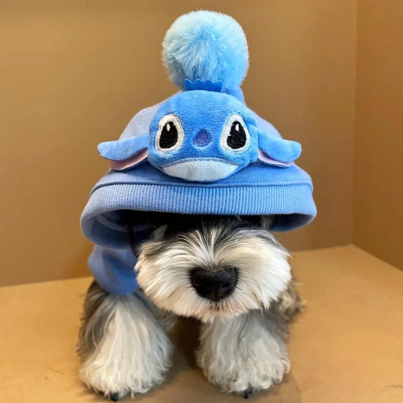 Disney autumn and winter Stitch cute funny pet cat warm clothes cartoon doll small dog teddy velvet cold-proof hooded bipeg