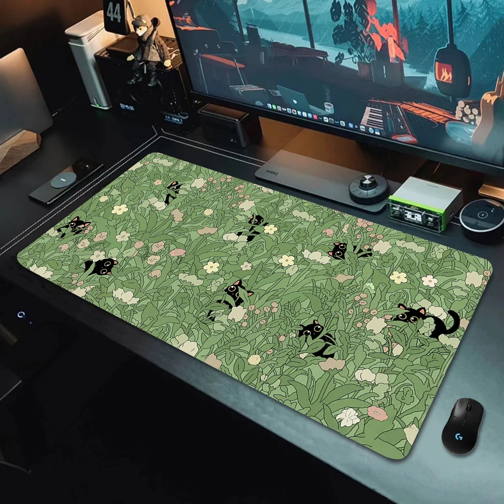 Kawaii Black cat Green plants Mousepad Xxl Anime Pc Gamer Desk Mat New Keyboard Carpet Computer Gaming Accessories HD mouse pad