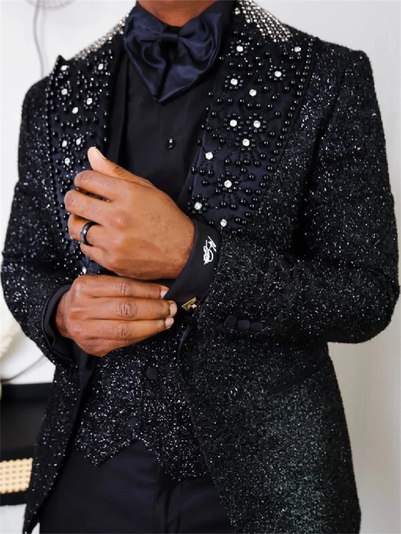 

Luxury Crystal Beaded Men Suit Blazer+Vest 2 Pcs Bling Sequins Wedding Tuxedo Formal Office Business Jacket Coat костюм Tailored