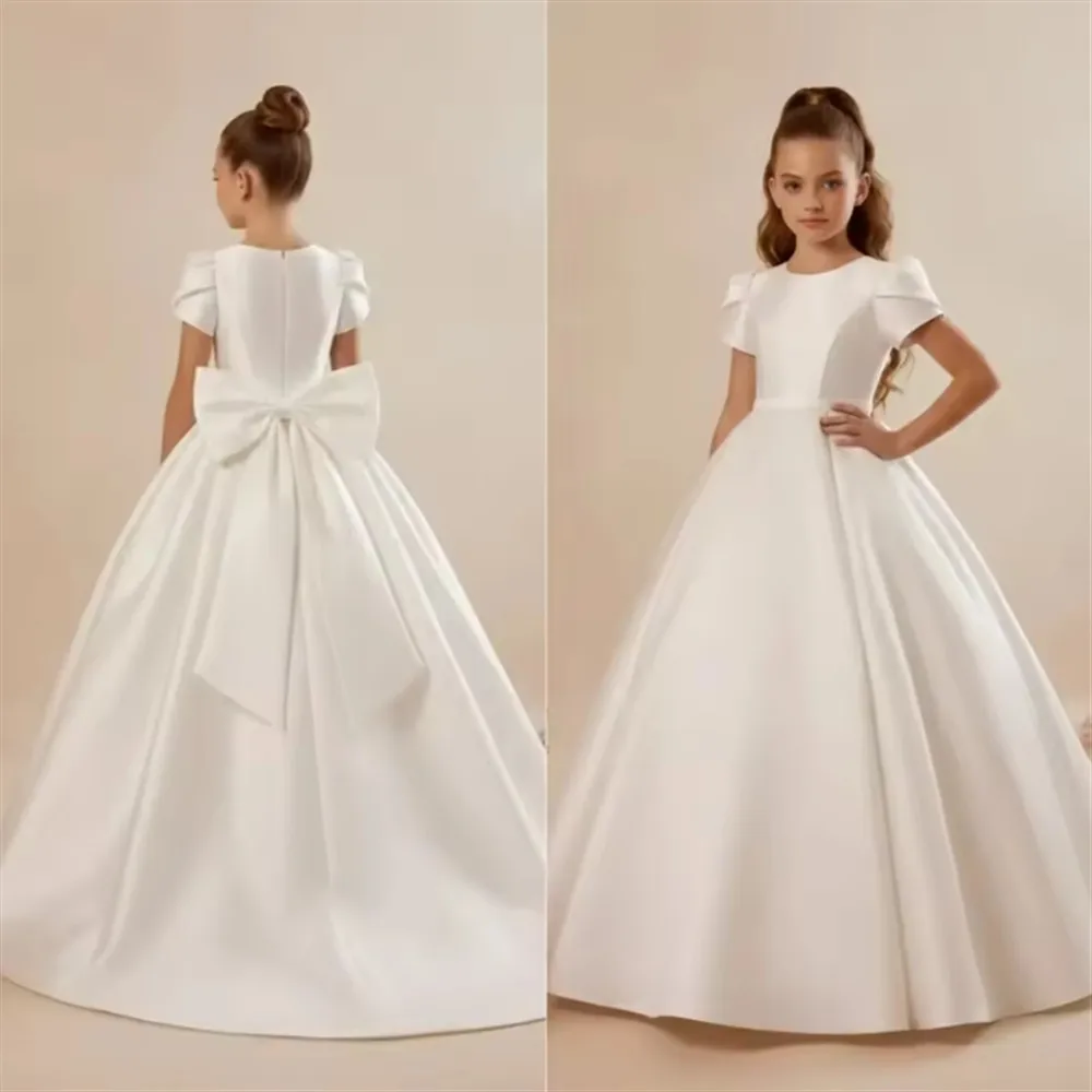 

Elegant White Flower Girl Wedding Dress Satin With Bow Floor Length Kids First Communion Gown Birthday Party Dress Customized