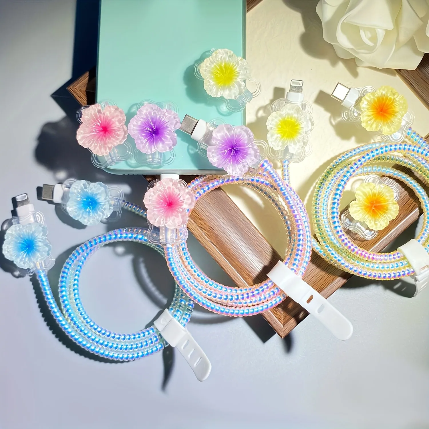 Colored Flower Laser White Line Circle Charger Protector Cover For iPhone For Samsung Type-C Charger Line Protectors Cover view 5