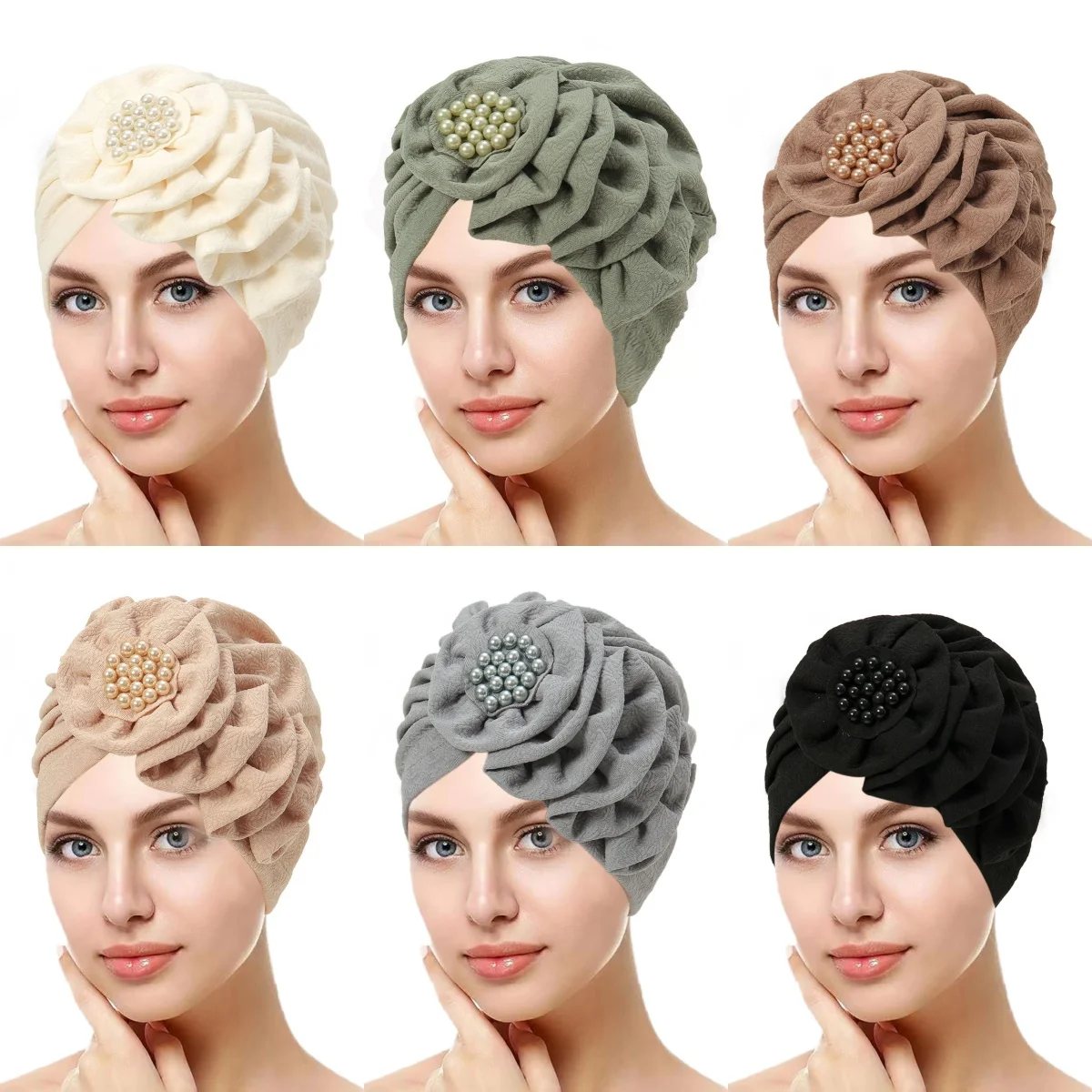 

2026 New Solid Color Flowers Muslim Hijab Caps Beading Women Wrap Head Ramadan Ladies Fashion Headwear Turban Bonnet