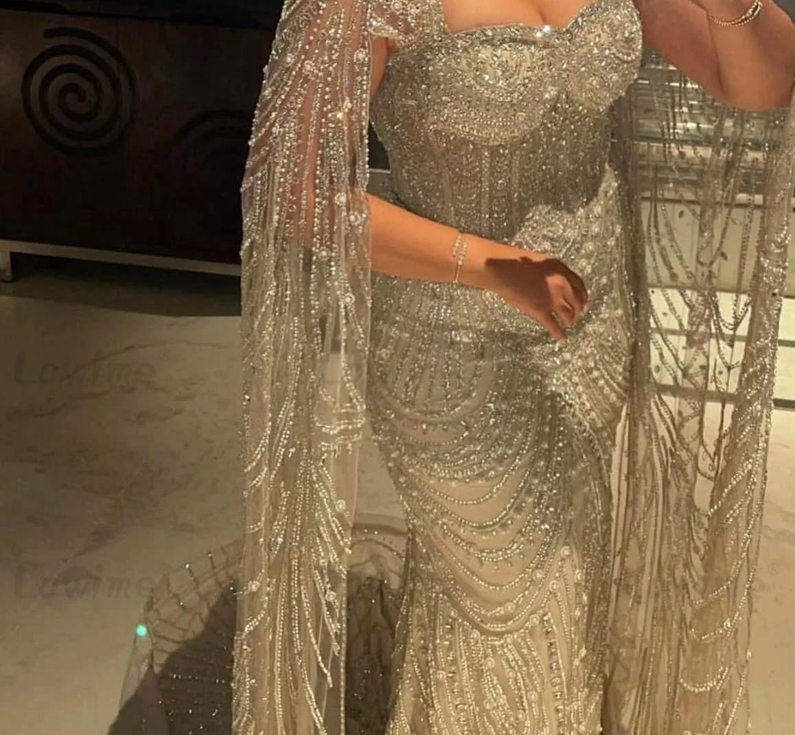 ชุดราตรีคุณภาพสูงแบบทางการ แขนเสื้อคลุมสไตล์ซาอุดิอาระเบีย ชุดราตรีงานพรอมประดับลูกปัด ชุดยาวสำหรับผู้หญิง ชุดออกงาน ชุดราตรีสั่งตัดได้