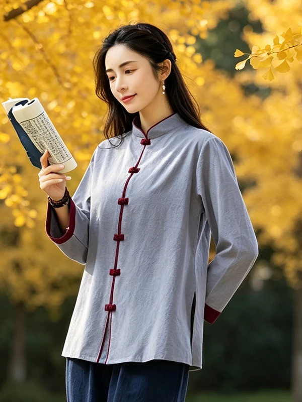 Retro Chinese Style Loose Cotton Linen Tai Chi Shirt Women's plus Size Autumn Top Zen Spirit Morning Exercise Clothing