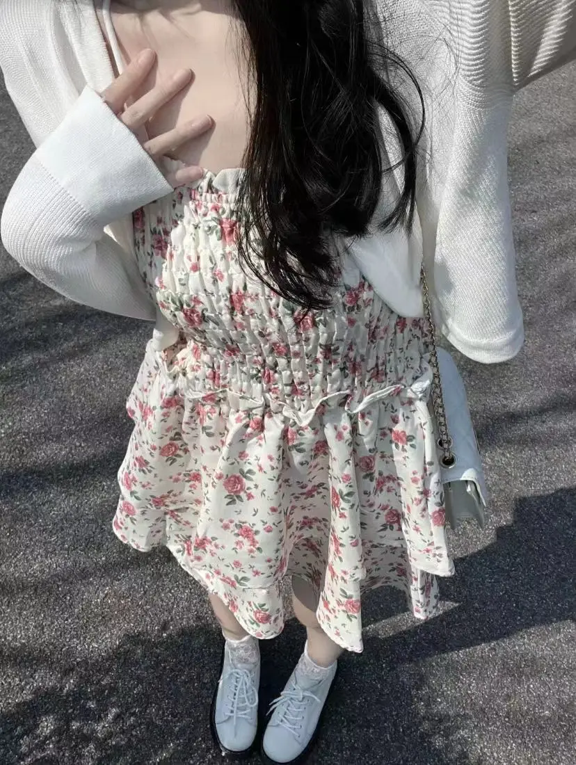 Two Piece Suit Floral Sweet Dress Women Casual Skinny Sexy Mini Dress Female Korean Fashion Ruffle Flounce Slim Strappy Party