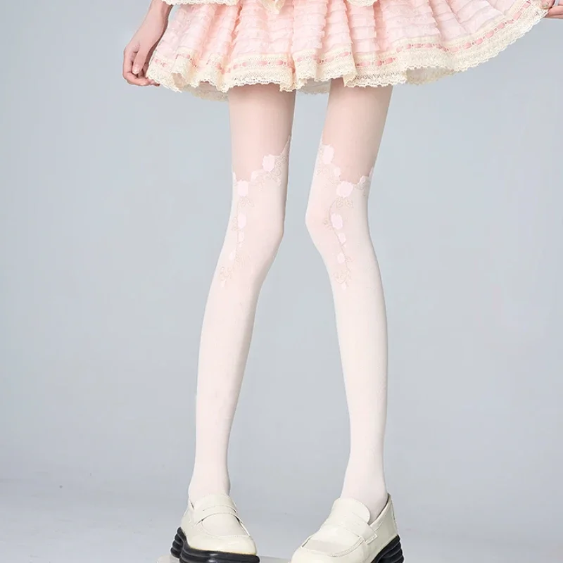 Women's Sexy Tights Pink Rose Vine Spliced Pantyhose Summer Thin Soft Breathable Ballet College Style Lolita Exquisite Stockings