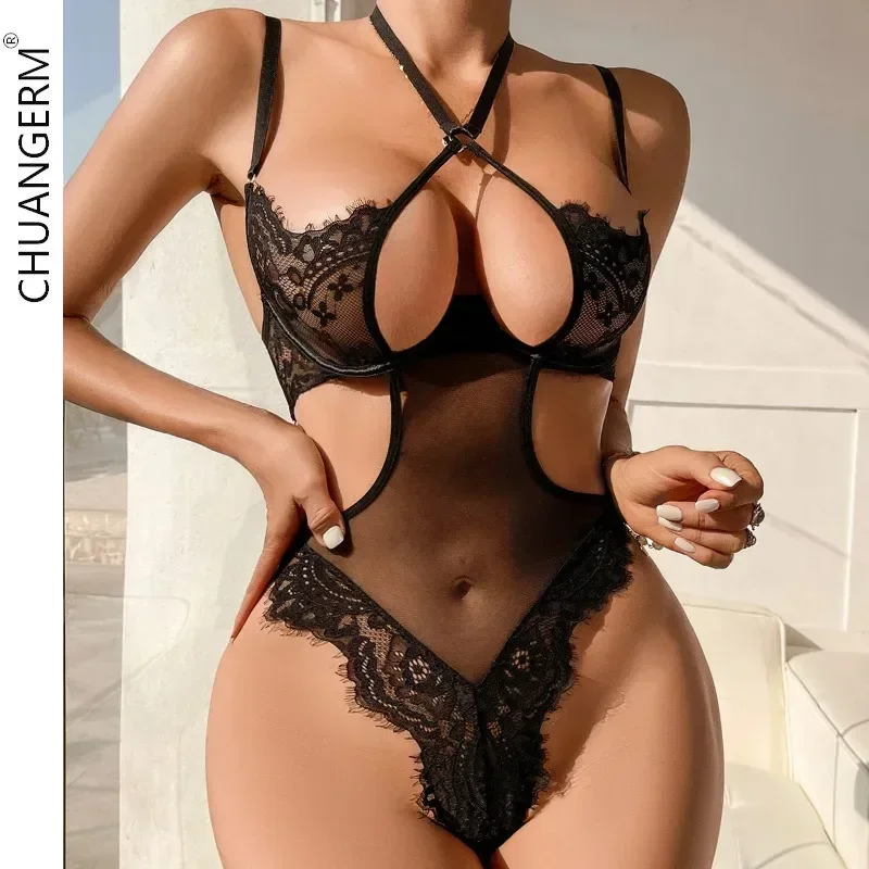 CHUANGERM Fashion Sexy body donna traspirante Flirt intimo Senual Lace Half Cup raccolto tentazione reggiseno e perizoma Set