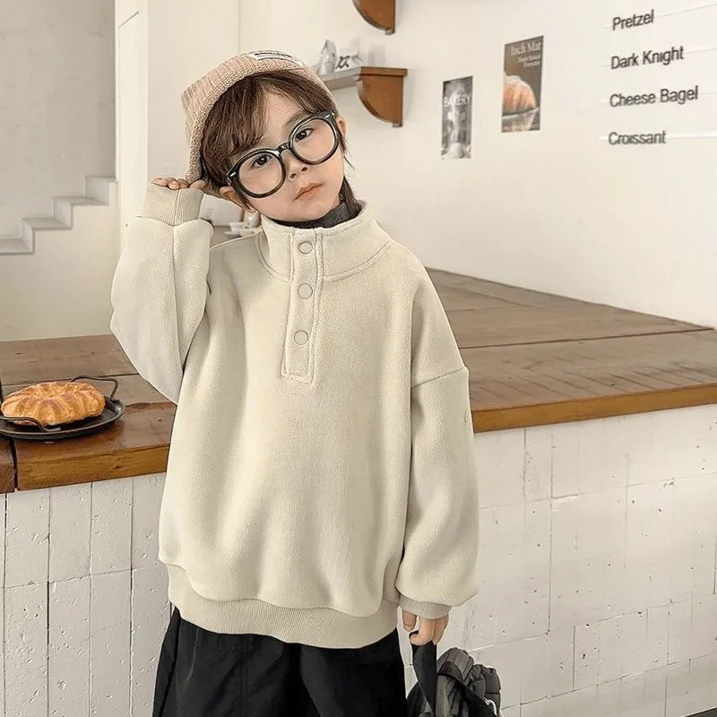

Boys & Girls Mid-Big Size Fleece-Lined Stand Collar Sweatshirt - Spring/Autumn/Winter New Arrival Stylish Warm Top for Kids