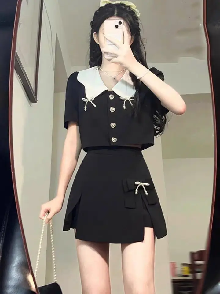 Summer Fashion Cute Skirt Suits Women Set Doll Collar Bow Short-sleeved Short Section Top Mini Skirt 2pcs Set Matching Sets