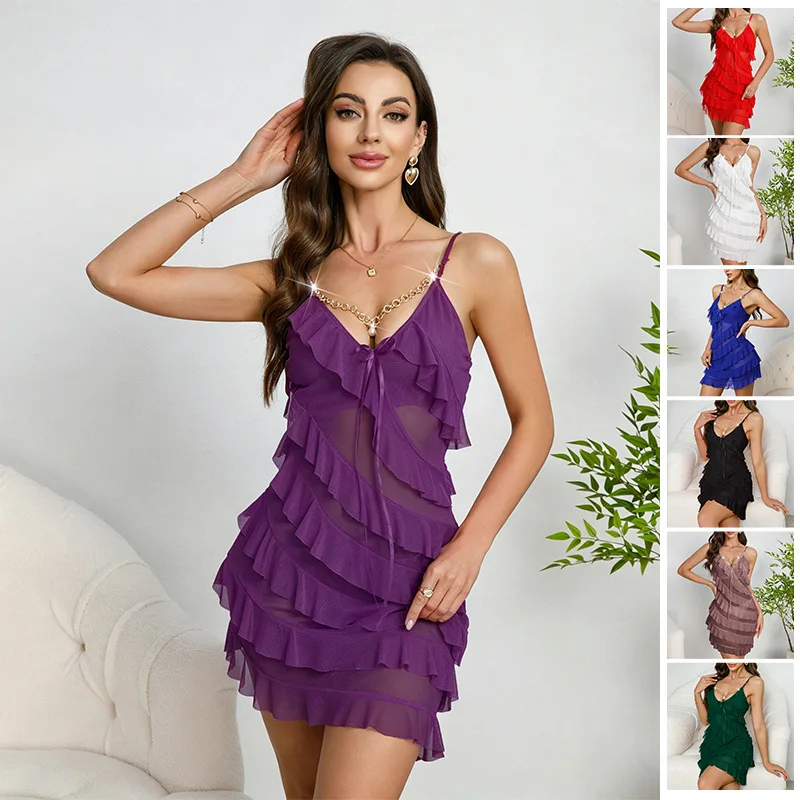 Chain-decorated Multi-layered Ruffle Nightgown See-through V-neck Strapless Bodycon Women's Sexy Solid Color Dress Charming LP54