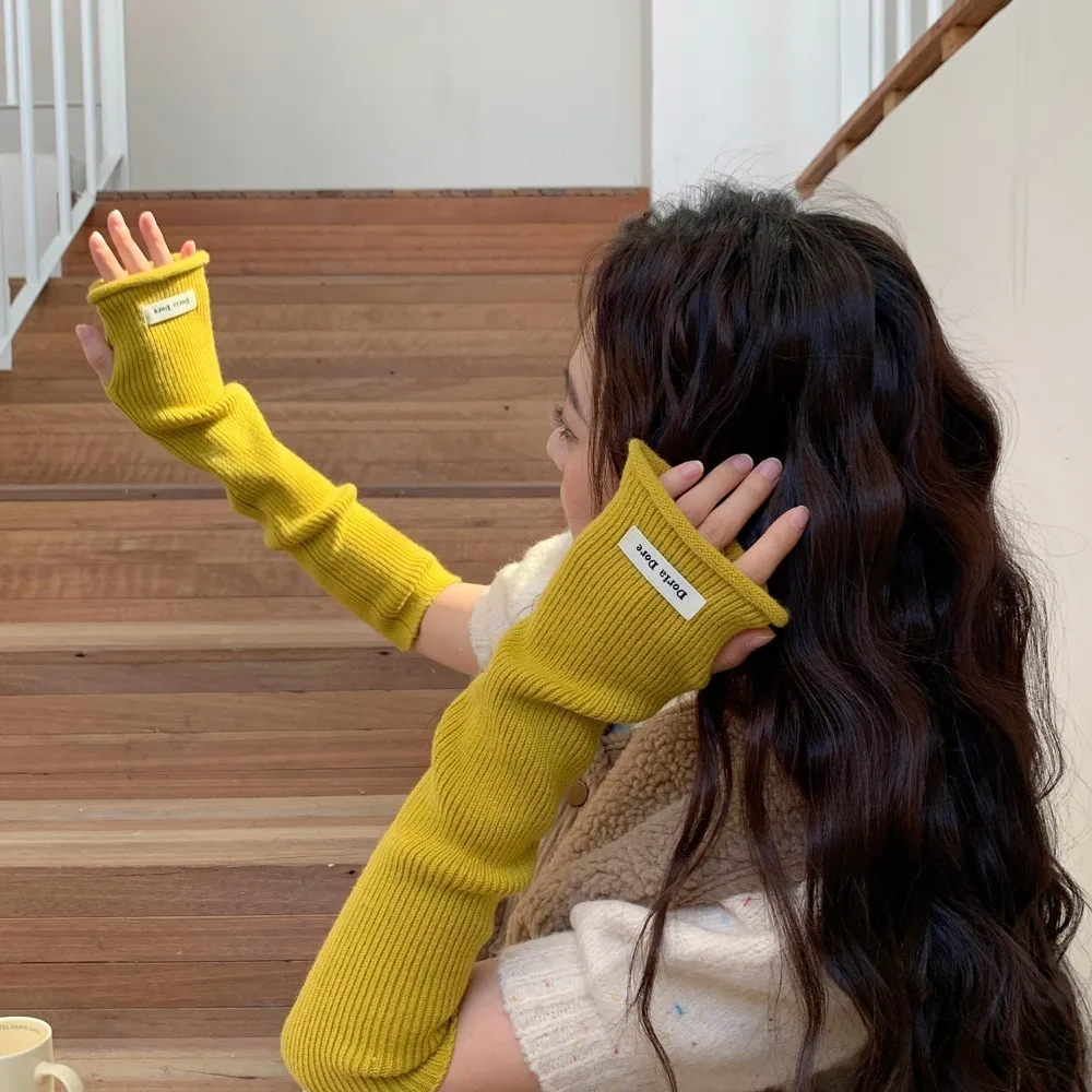 Hand Covers Korean Style Knitted Warm Sleeves Solid Color Y2k Woolen Arm Gloves Hole Sweet Warm Arm Covers Spring