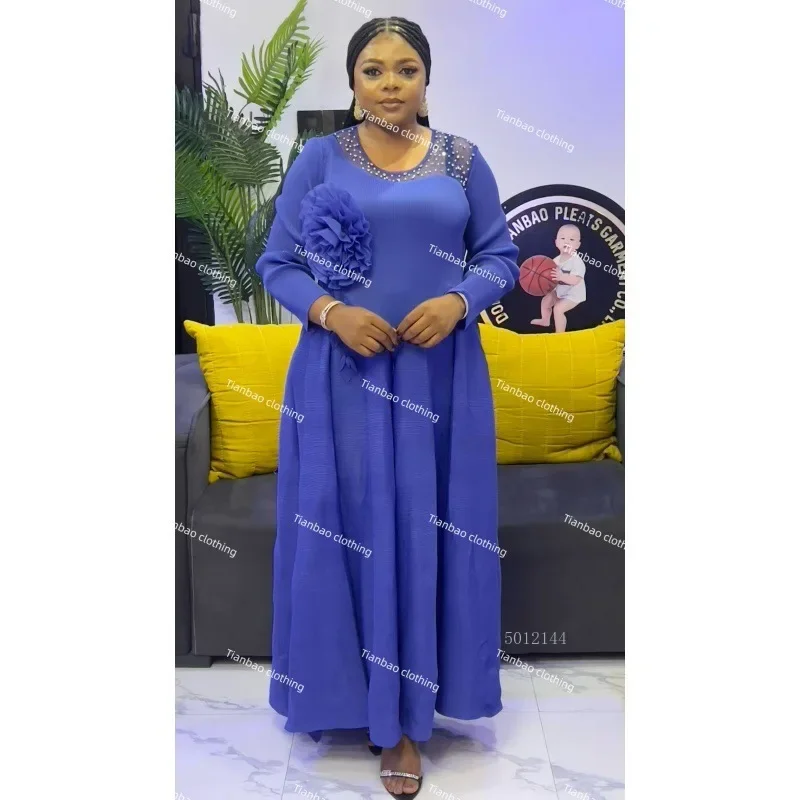 فستان مياكي فضفاض بطيات بلون سادة، فستان نسائي أنيق مصنوع يدويًا من الدانتيل والماس