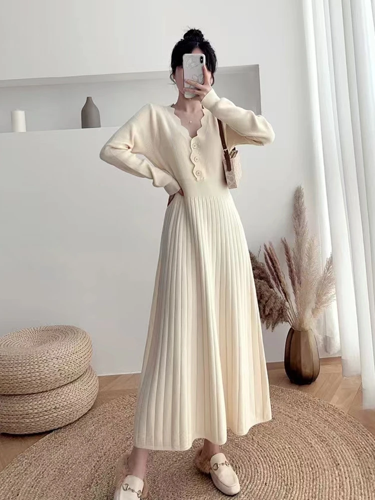 

Vintage Korean Pleated Dress Long Sleeve Sweater Elegant Party Female Office Lady Slim Dress Autumn Winter 2022 Vestidos