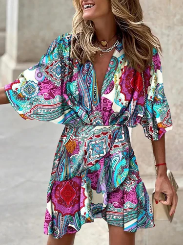 Imagen 2 del producto Mini vestido Irregular de verano para mujer, estampado de moda, informal, estilo bohemio, vestido veraniego para vacaciones, vestidos con volantes y manga de murciélago para mujer
